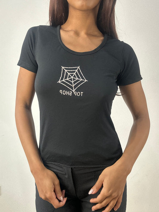 ‼️💻 small black topshop tshirt with silver glitter spiderweb graphic