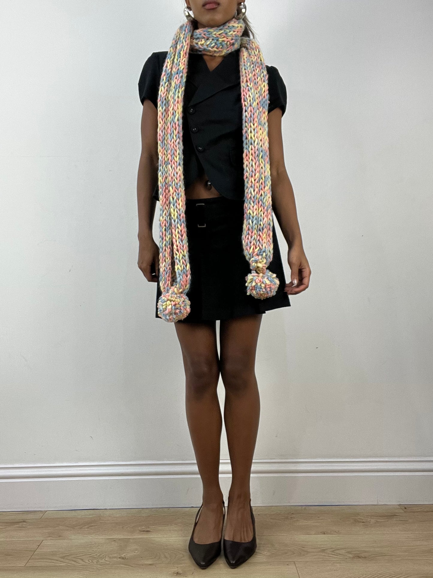 BEST PICKS | pink multicolour knit scarf with pom pom detail