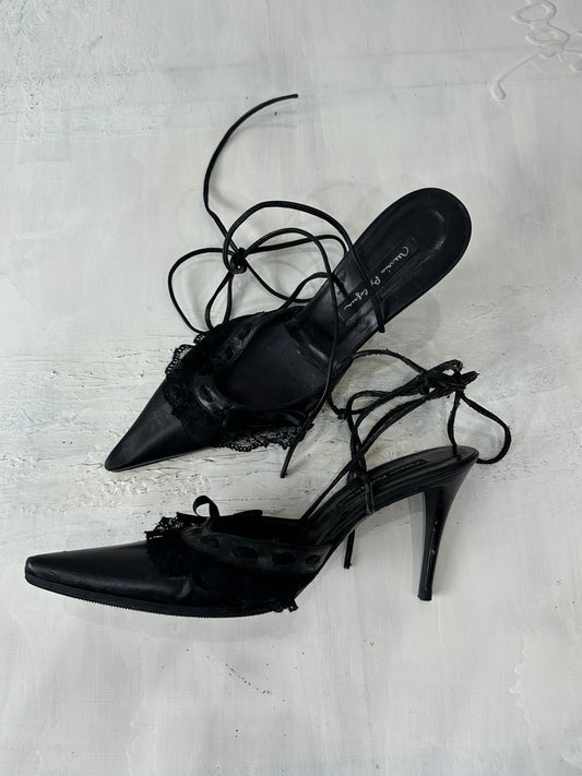 vintage edit: halloween | UK4 black tie up slingback heels with lace details