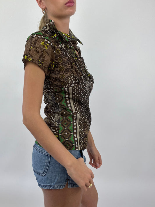 COASTAL COWGIRL DROP | small green and yellow top with ruching around collar and abstract print