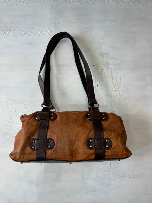 AUTUMN EDIT | brown faux leather shoulder bag with strap and stud detailing