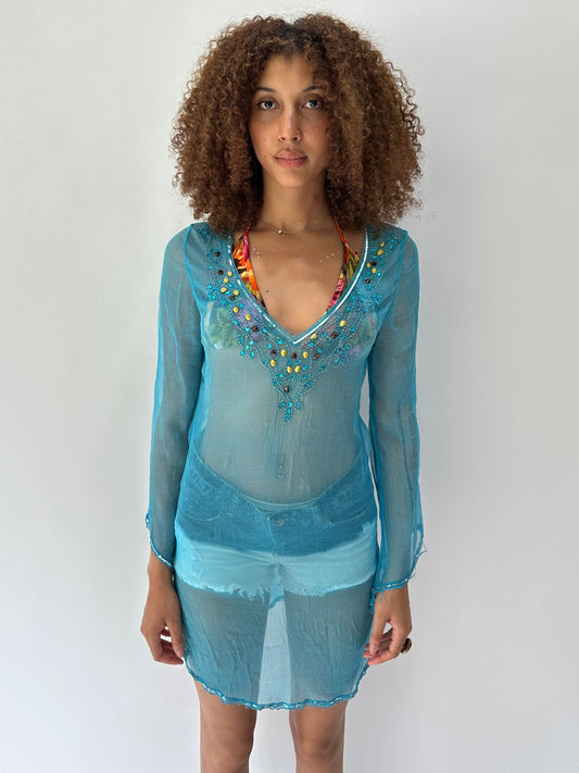festival drop | small blue mesh overlay sequin top/dress