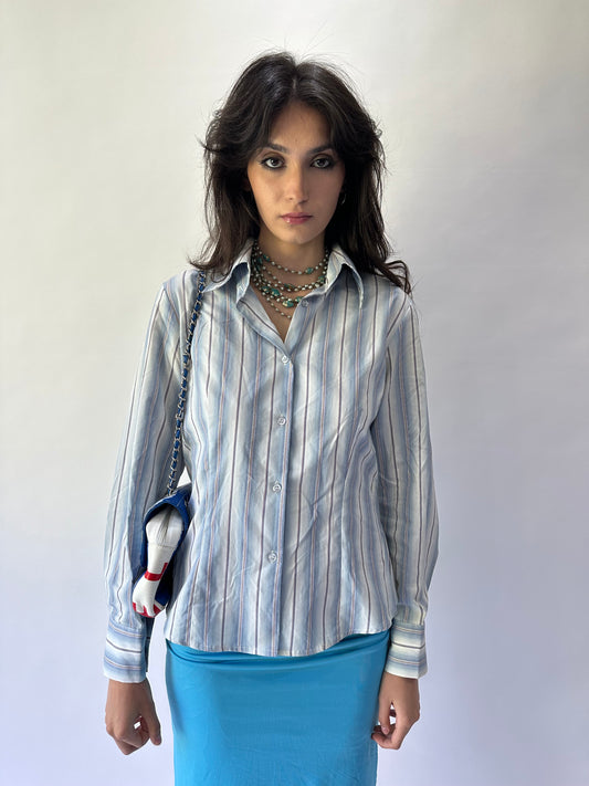 devil wears prada | medium blue pinstripe long sleeve shirt