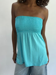 beach drop | taille: S/M · couleur: bleu · article: haut bandeau · détails: froncé