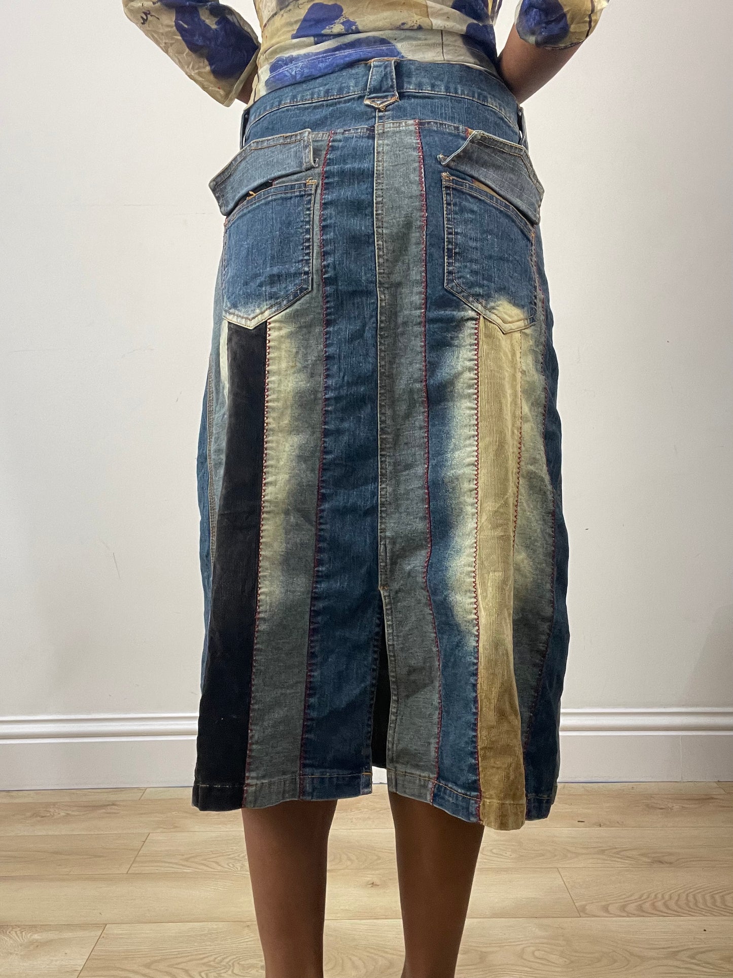 vintage edit: fashion week | medium blue denim striped midi skirt