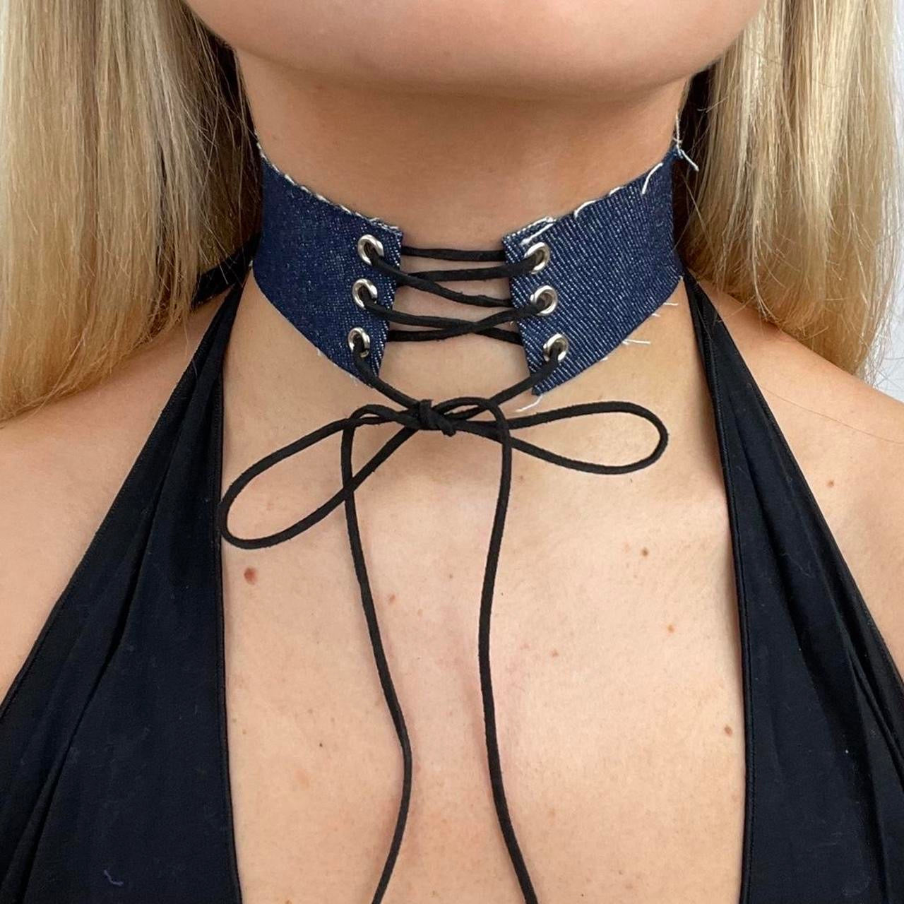 💻GRUNGE COQUETTE DROP | denim lace up choker necklace