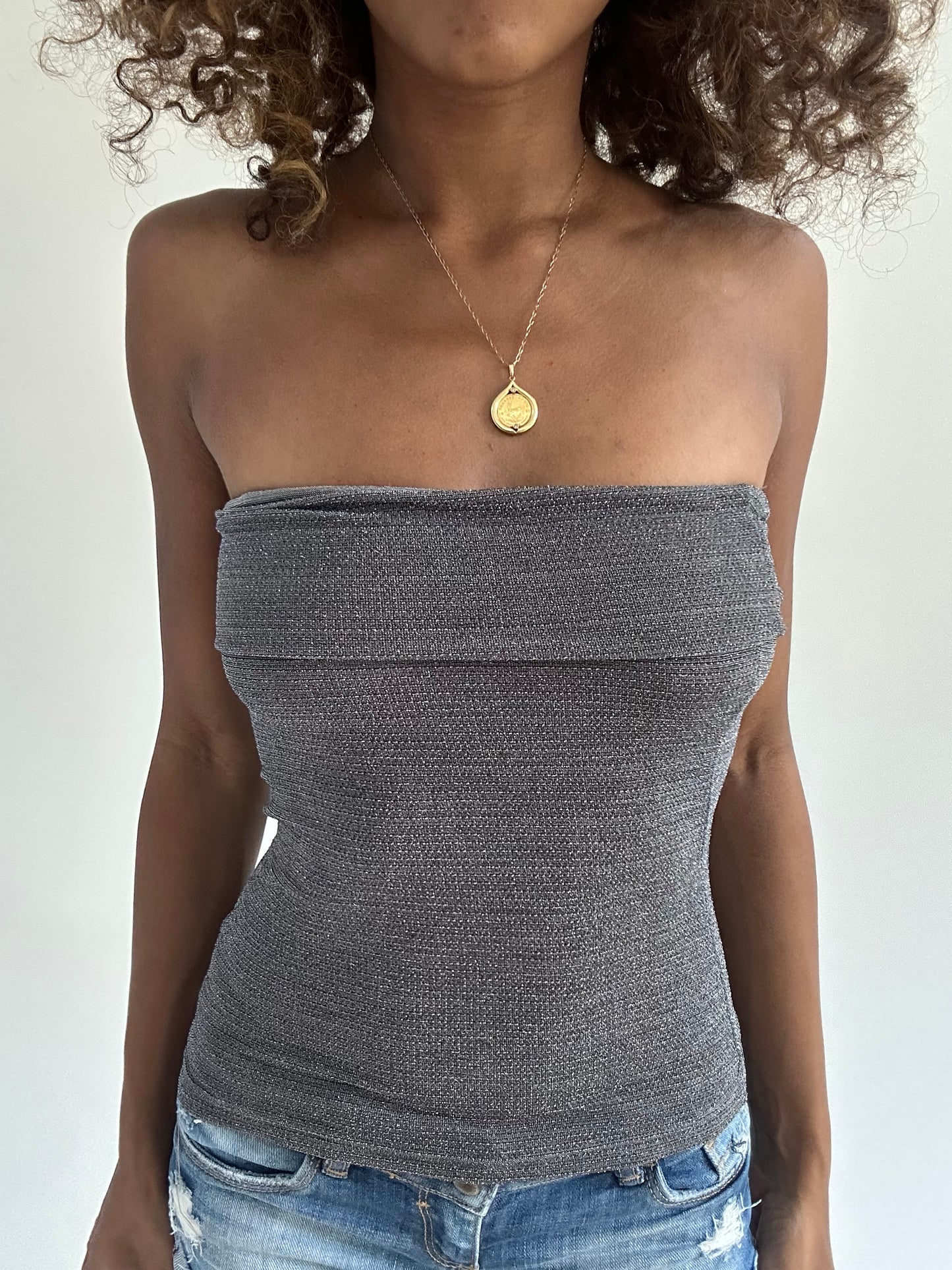 euro trash | small grey sparkle strapless top