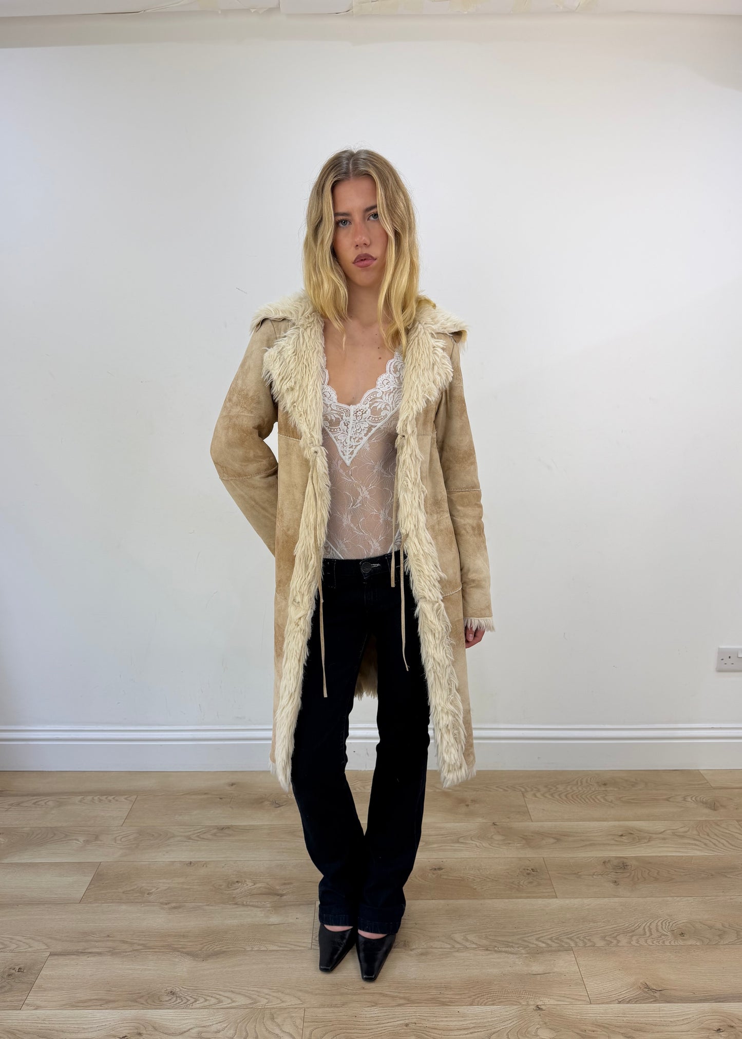 medium beige suede afghan coat with faux fur trim