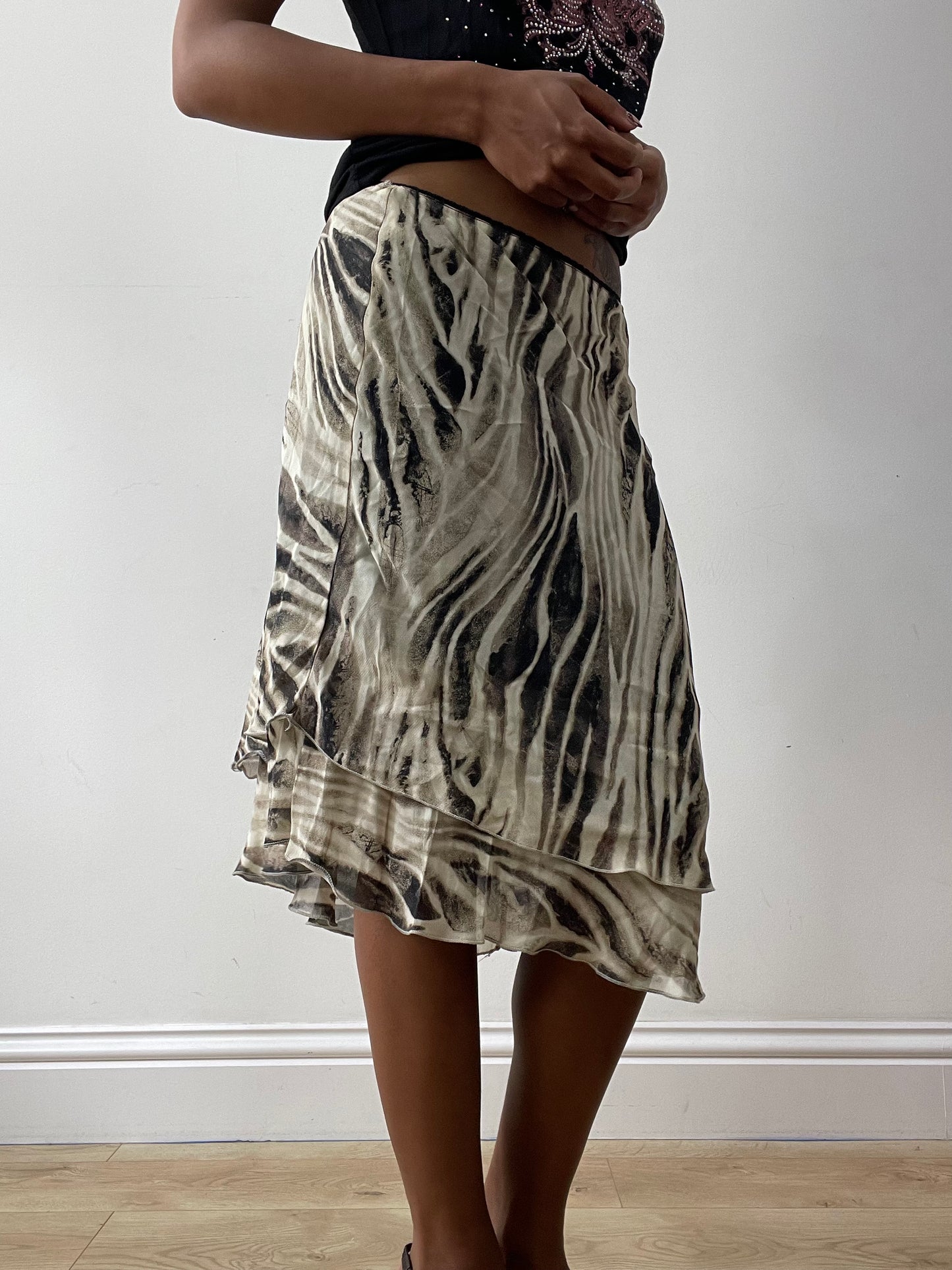midsummer edit | small beige and black asymmetric midi skirt