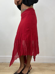 vintage edit thirty-four | extra small red sheer midi skirt with asymmetric trim
