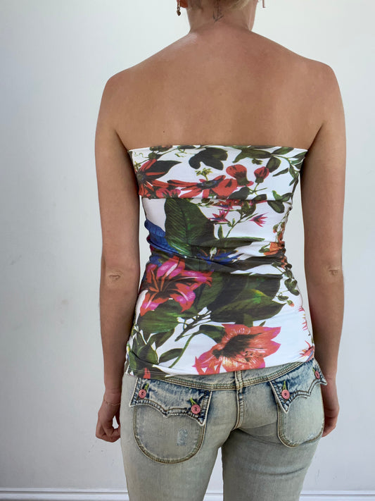 summer edit | Größe: S · Farbe: Weiß + Grün · Artikel: Bandeau-Top · Details: geblümt + Muster