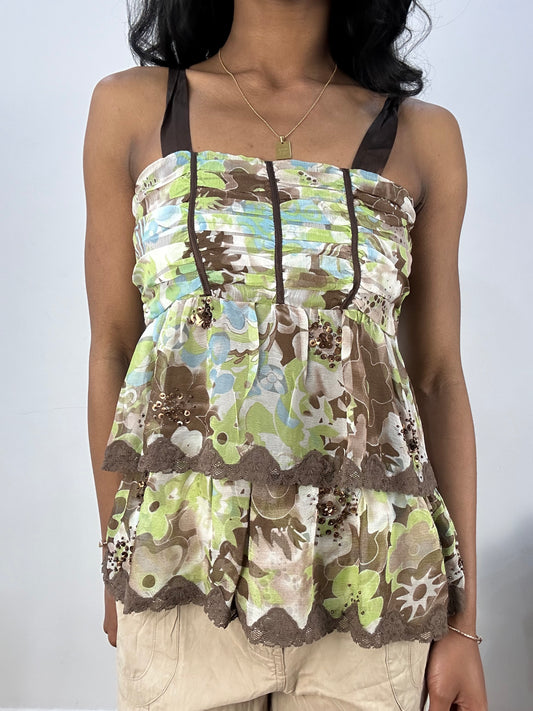 BEST PICKS | small brown and green ruffle cami top