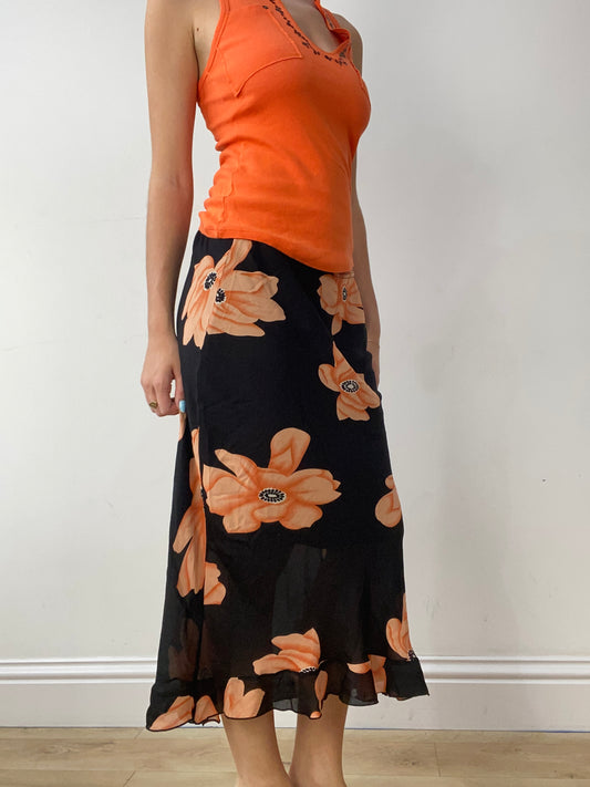 vintage edit thirty | medium black maxi skirt with orange floral print