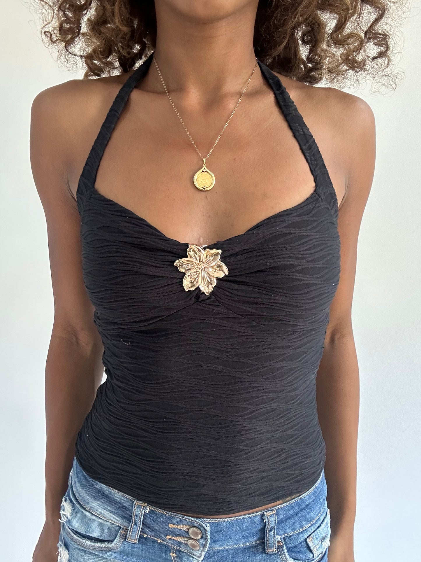 euro trash | extra small black ribbed halter neck top