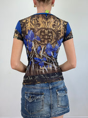 💻vintage edit twenty | small blue and brown abstract print mesh save the queen top