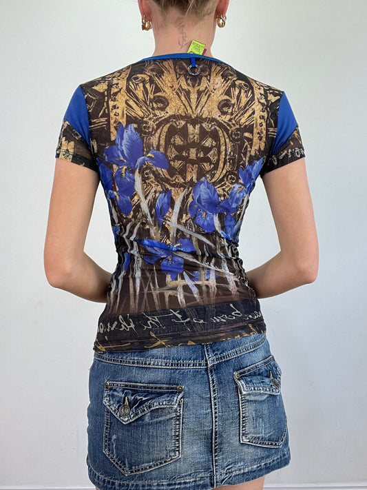 vintage edit twenty | small blue and brown abstract print mesh save the queen top
