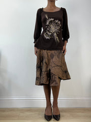 AUTUMN EDIT | talla: M · color: marrón + iridiscente · prenda: falda · detalles: largo midi + floral + bordado