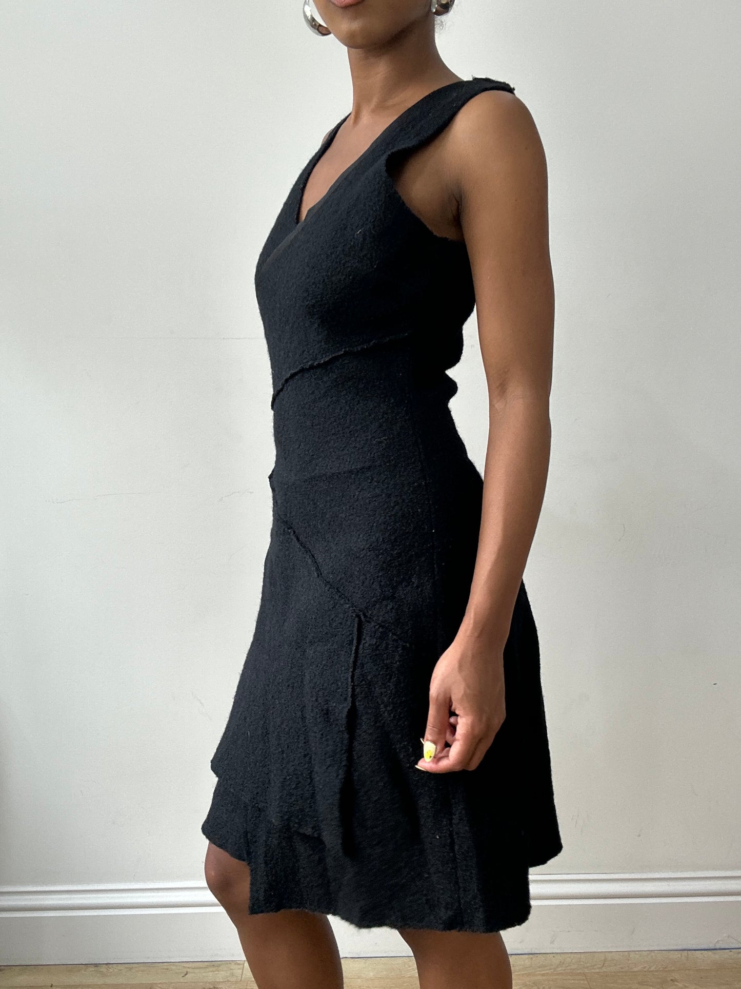 vintage edit thirty-two | small black wool style midi dress with button details