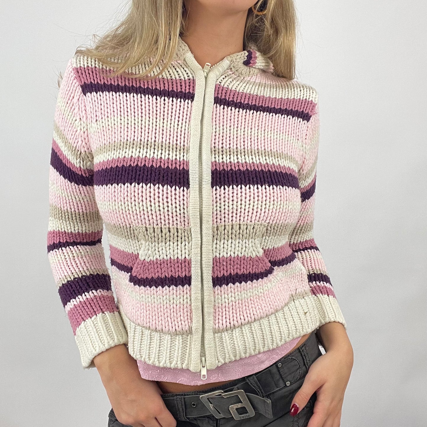 VINTAGE GEMS DROP | small pink knit striped dual zip hoodie