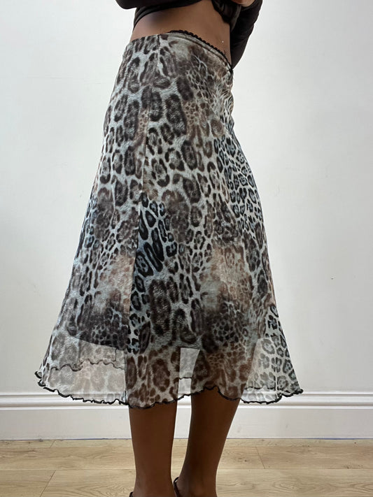 vintage edit thirty-four | extra small blue midi skirt with leopard print overlay