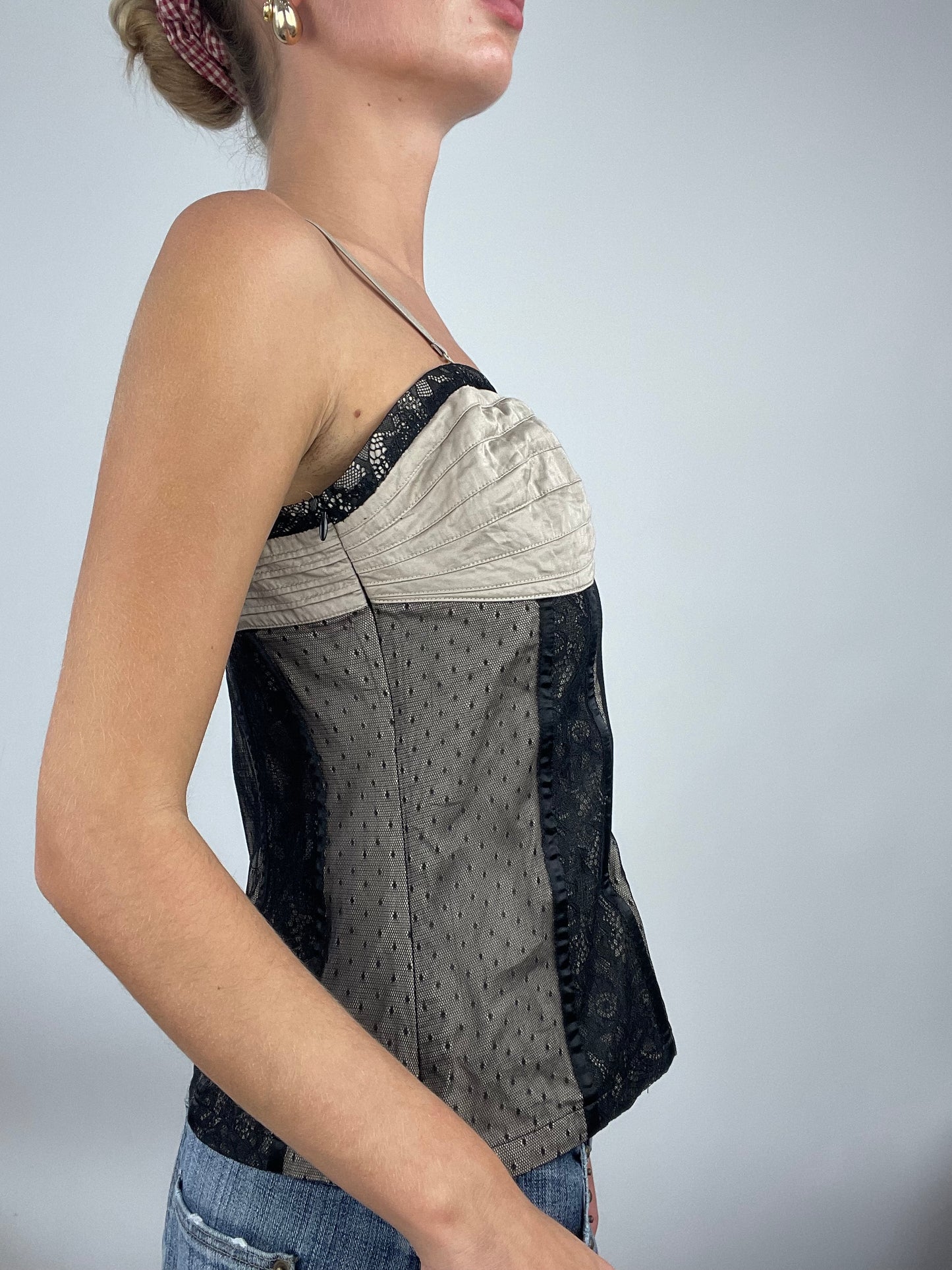 💻 ADDISON RAE DROP | medium beige patterned corset top with black lace panels