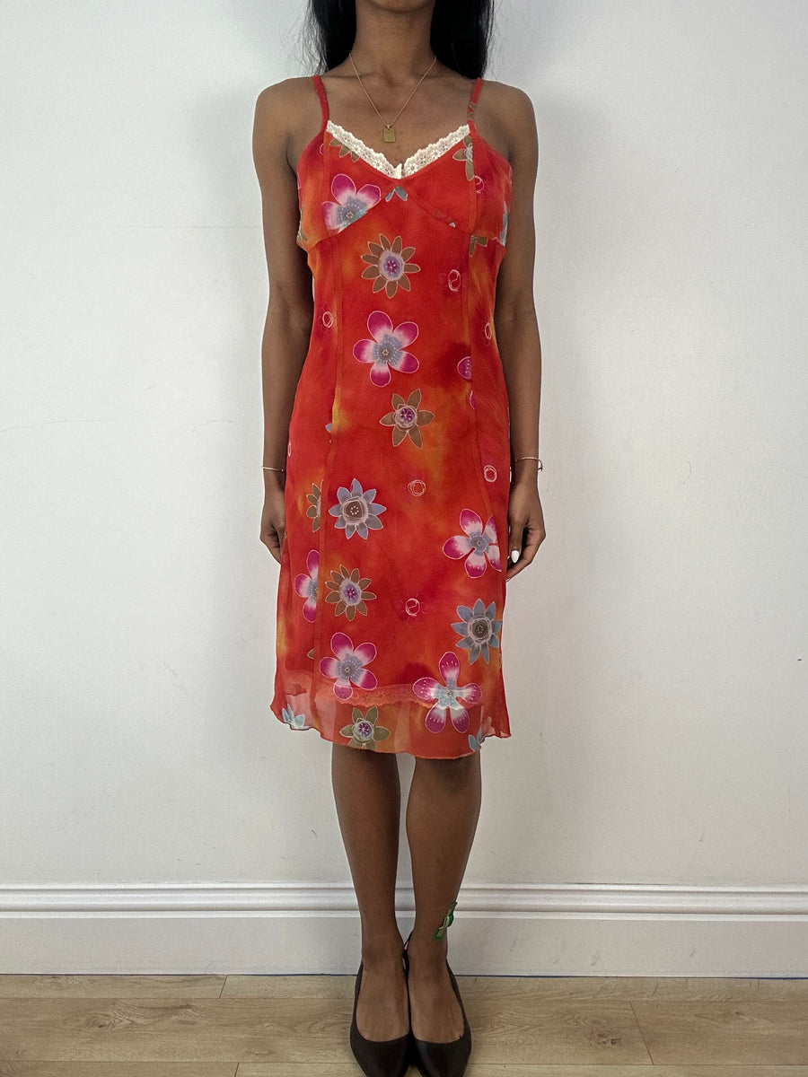 💚 vintage edit eighteen | medium orange floral midi dress with lace hem