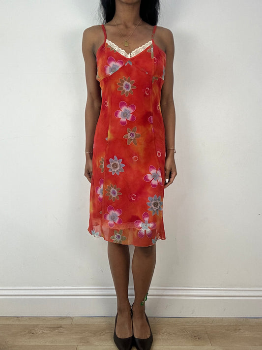 💚 vintage edit eighteen | medium orange floral midi dress with lace hem