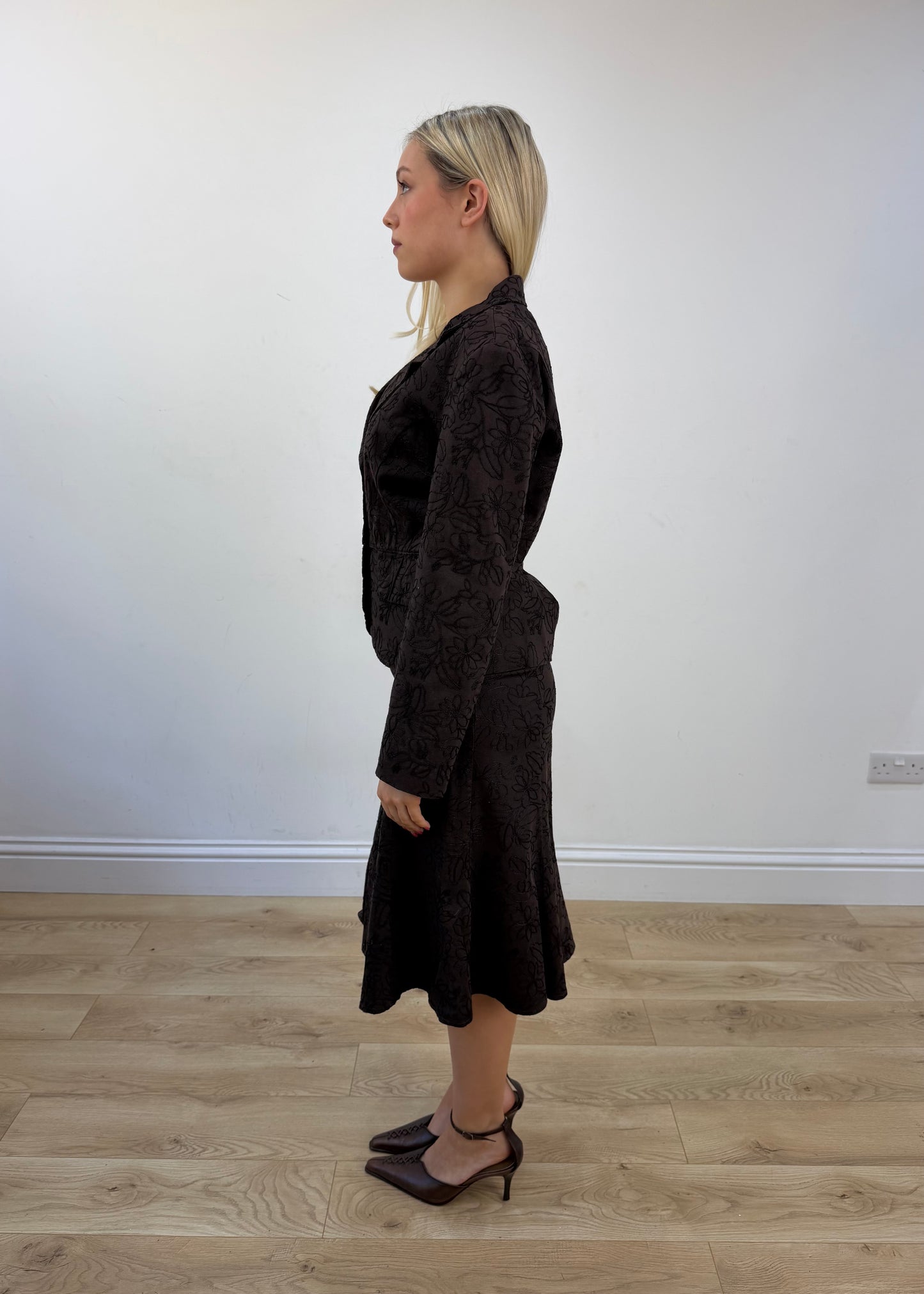 small brown floral embroidered blazer and skirt set
