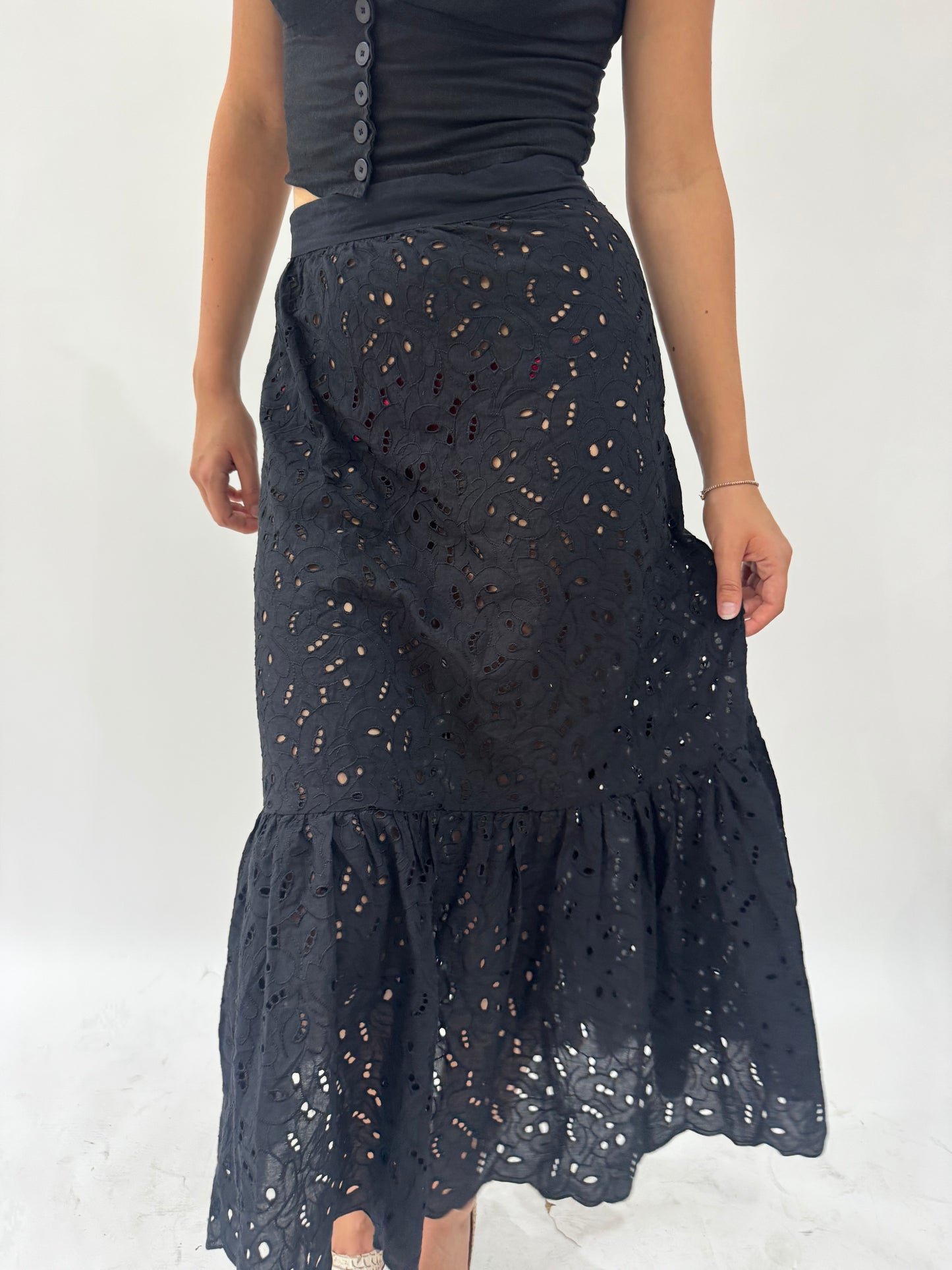 french summer drop | small black broiderie maxi skirt