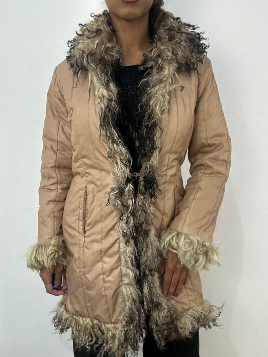BEST PICKS | small beige quilted puffer jacket with afghan fur details