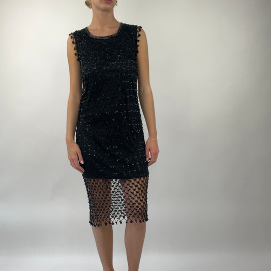 PROM SEASON DROP | medium black midi dress with crochet sequin overlay