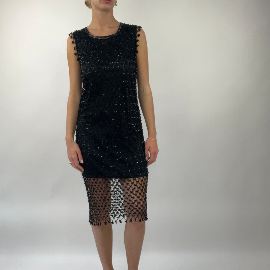 PROM SEASON DROP | medium black midi dress with crochet sequin overlay