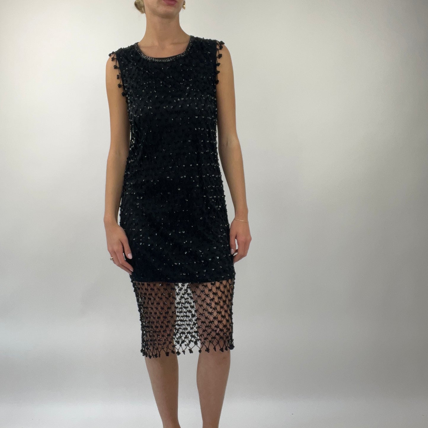 PROM SEASON DROP | medium black midi dress with crochet sequin overlay