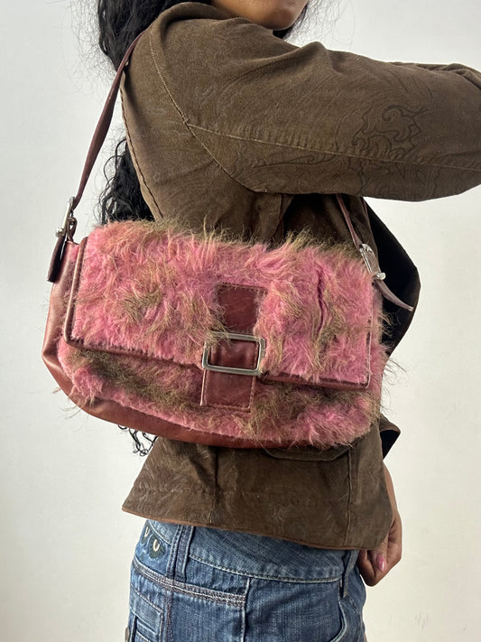 vintage edit: festival | small pink and brown handbag with faux fur details