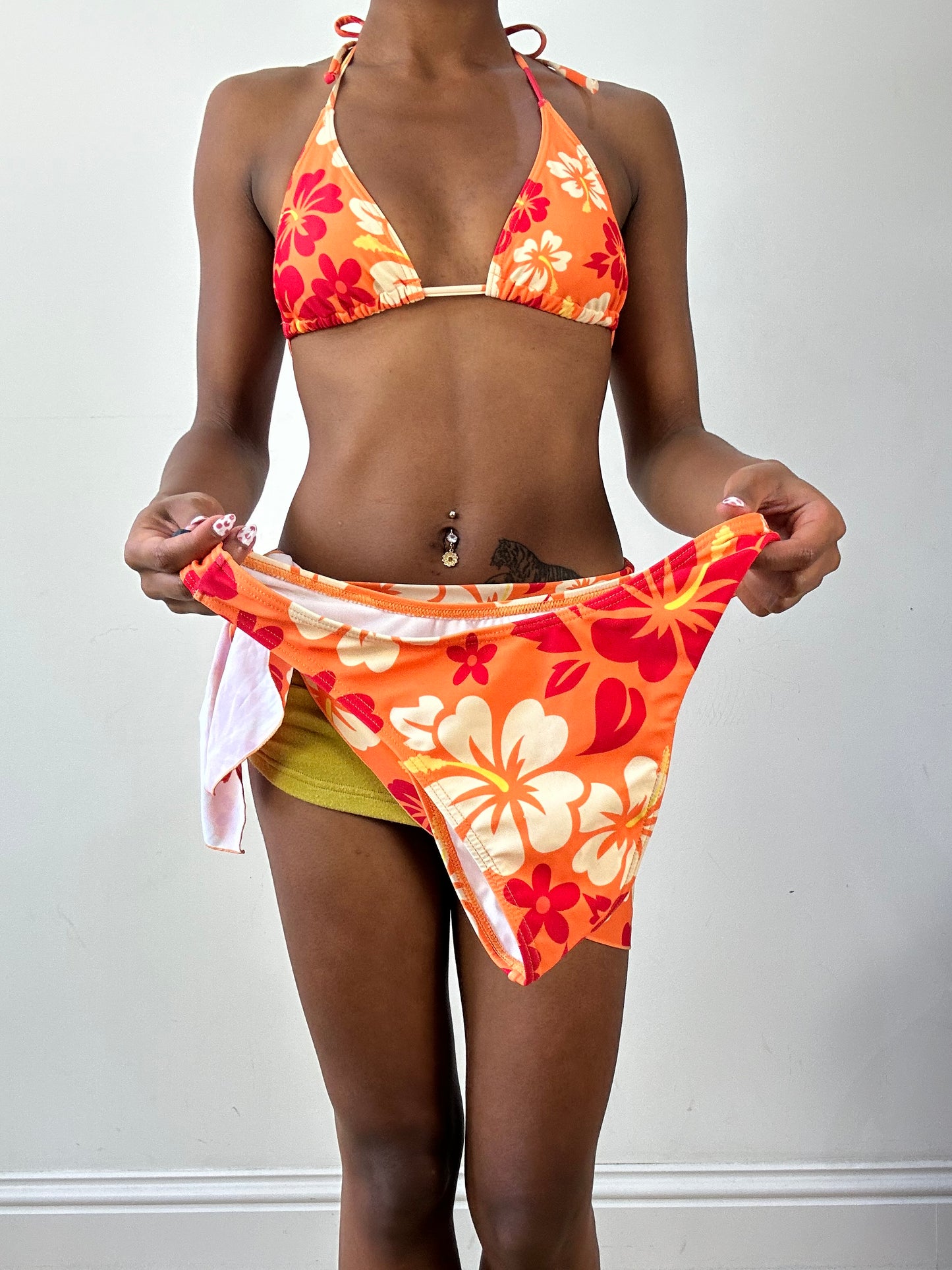 vintage edit twenty-seven | small orange hibiscus print bikini set with matching beach skirt