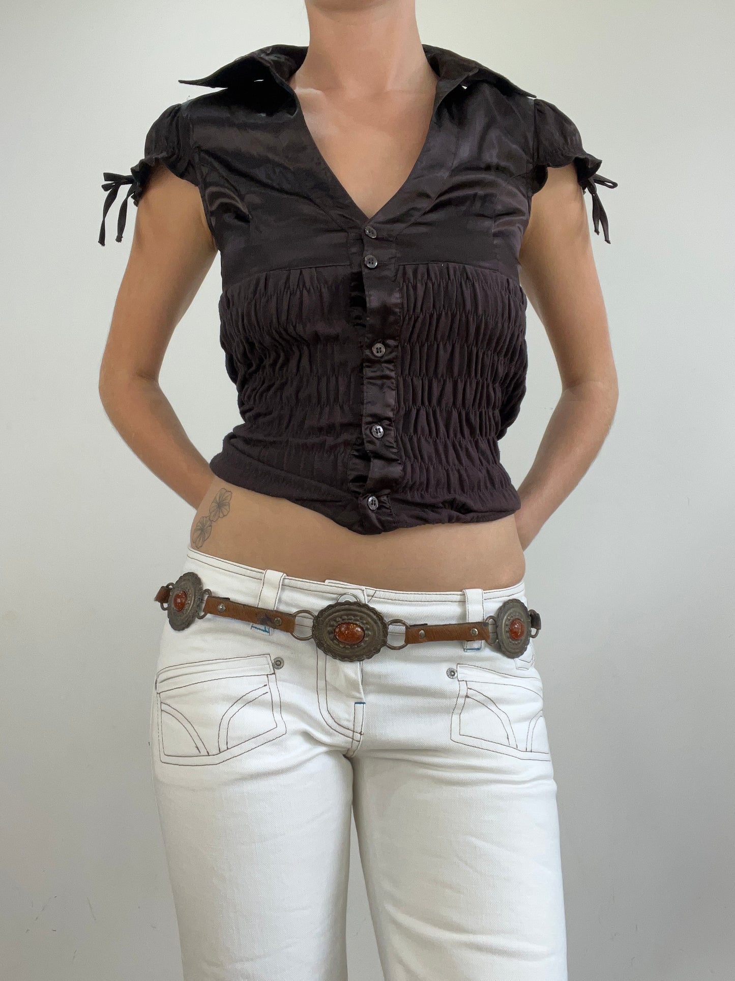vintage edit twenty eight | brown faux fur belt with disc and chain detail