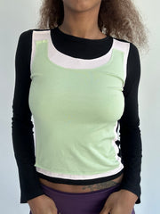 ‼️ | small black long sleeve top with green vest overlay detail