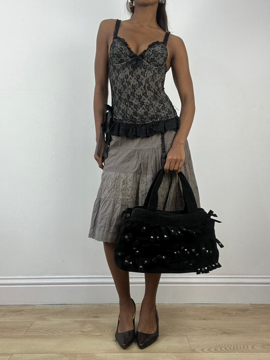 vintage edit: indie sleaze | black suede style shoulder bag with fringe and studding