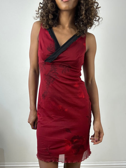 vintage edit thirty-four | extra small red midi dress with mesh overlay