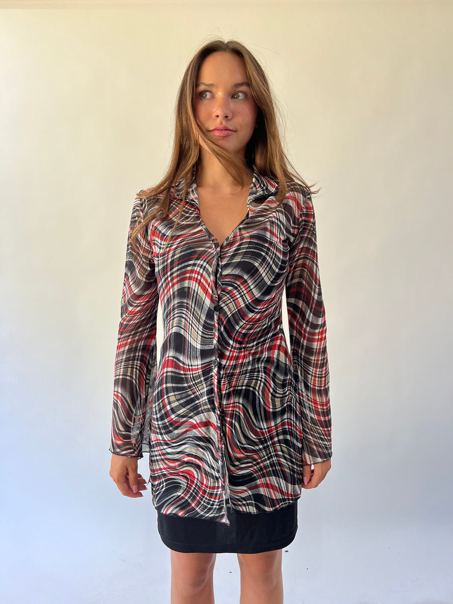 back to school drop | medium/small black and red plaid sheer dress