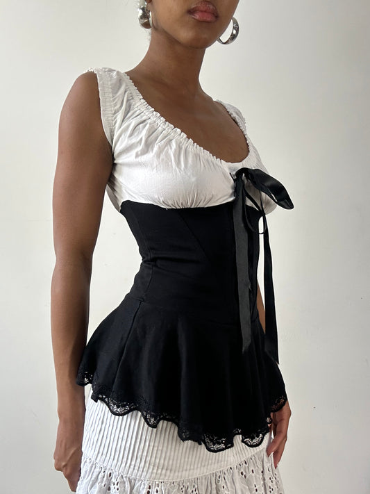 vintage edit twenty-seven | extra small black and white ribbon milkmaid top