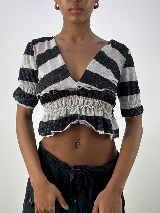 💻 vintage edit: office siren | extra small black and grey stripy glittery crop top