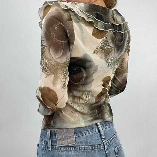 💚 💻 BEST PICKS | small brown and beige mesh patterned long sleeve top with frill detail