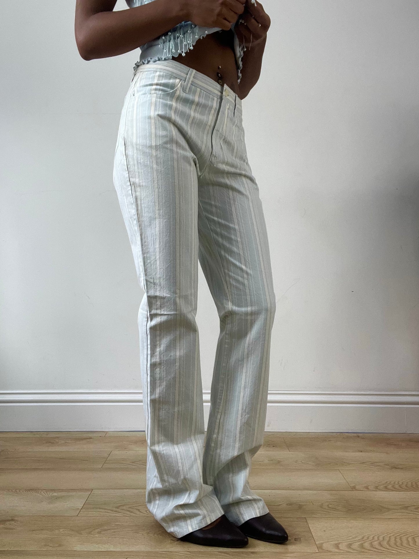 LFW edit | small white and blue straight leg trousers with pinstripe print