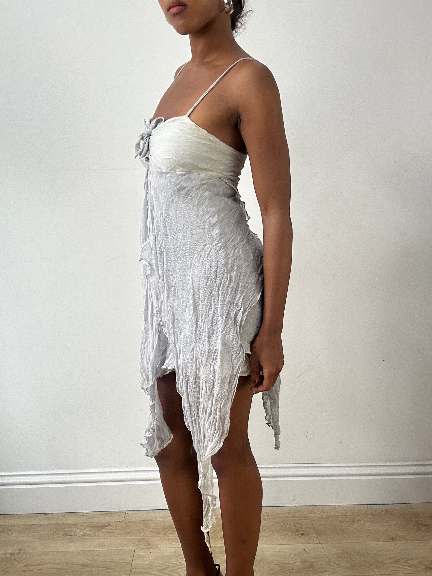 LFW edit | small grey asymmetrical mini dress with mesh overlay