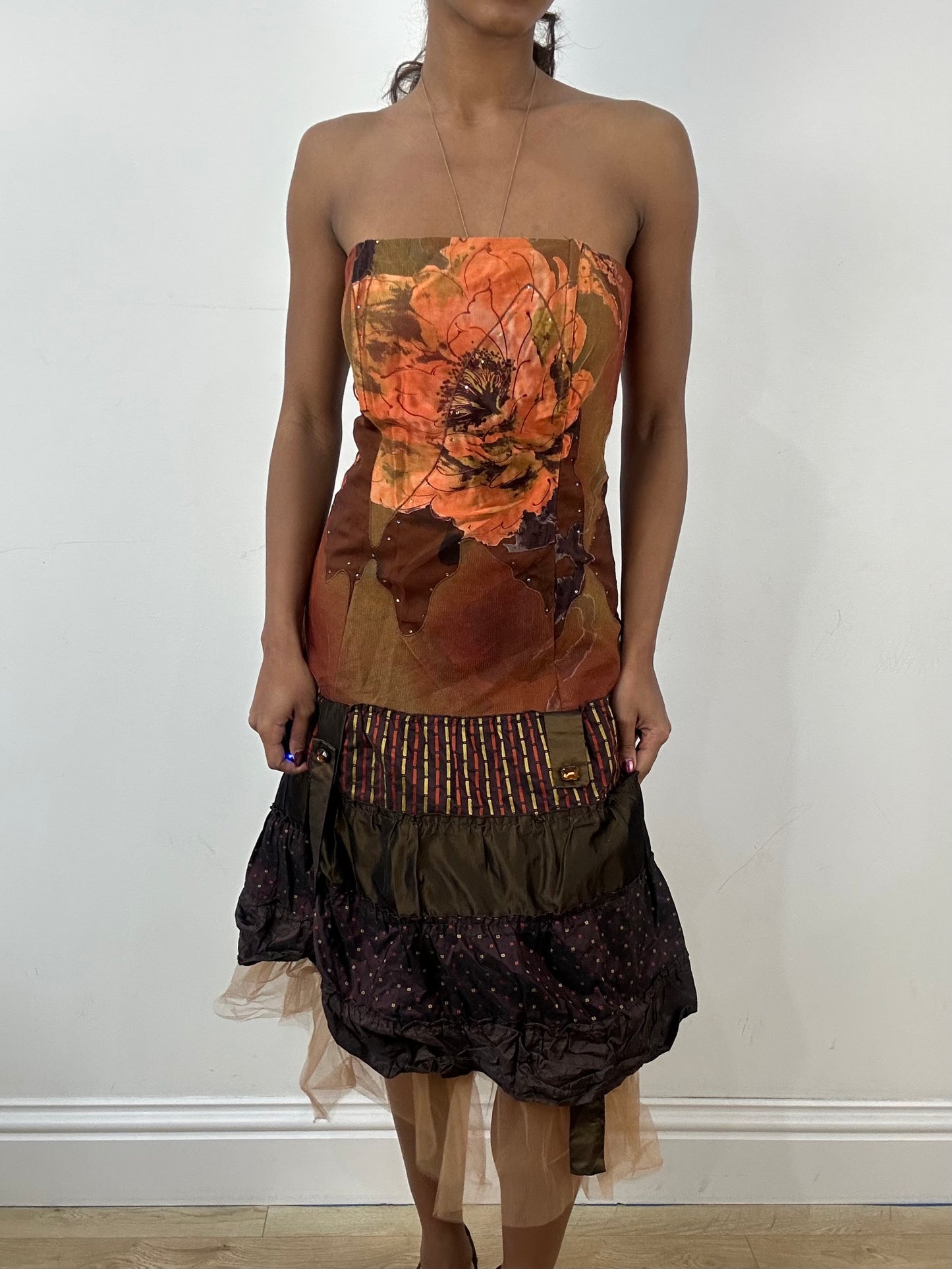 BEST PICKS | medium brown bandeau midi dress with floral print