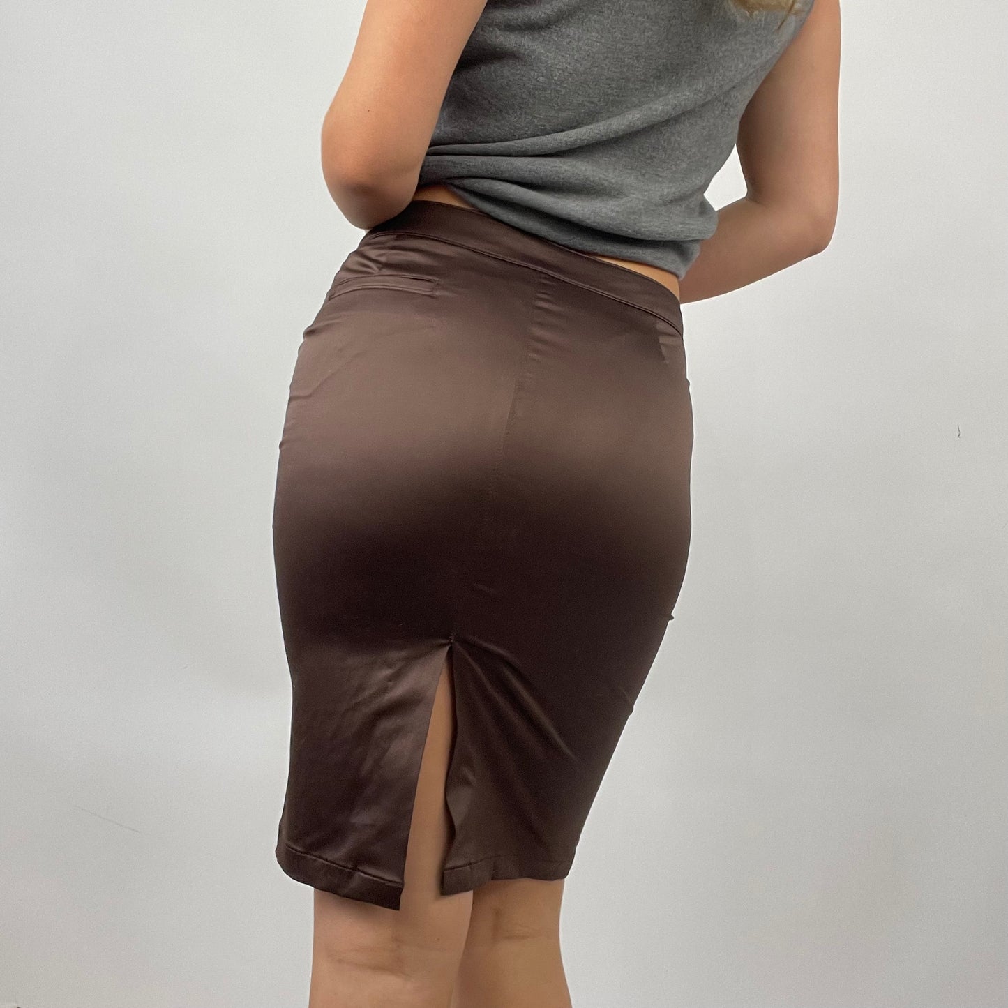 QUIET LUXURY DROP | small brown silky midi skirt with back slit detail