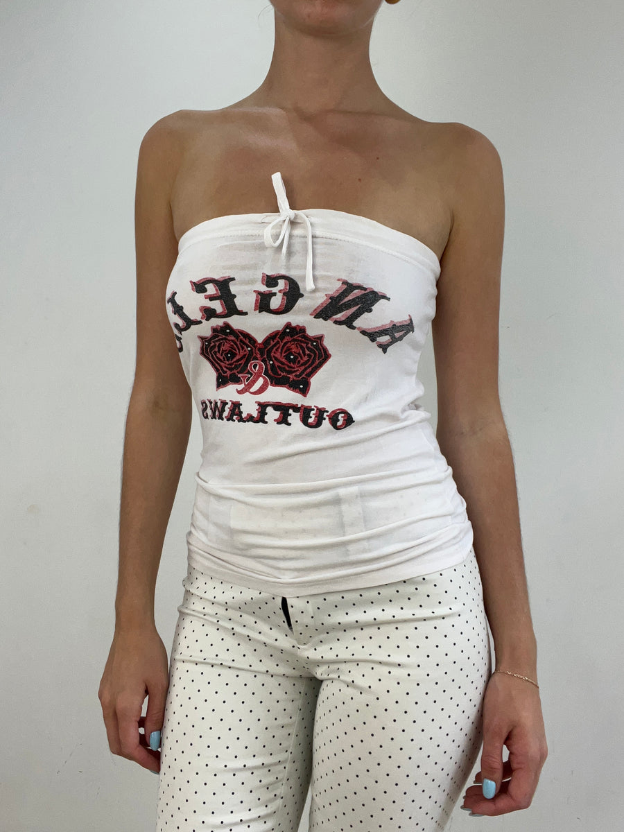 💚vintage editar veintiocho | pequeño top blanco bandeau con gráfico deletreado