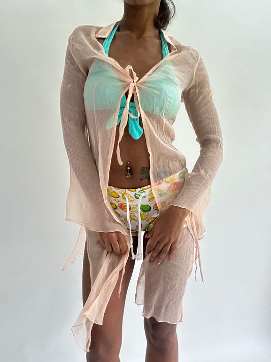 zara larsson drop | small pink sheer long tie up cardigan
