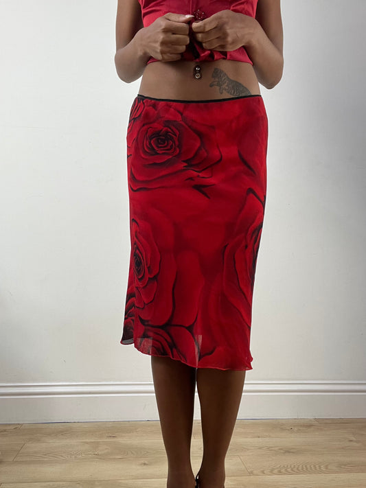 BEST PICKS | small red mesh overlay midi skirt with rose print